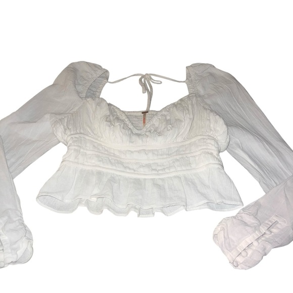 EUC Free People Chloe Puff Sleeve Blouse Long Sleeve Cropped Off-White Medium - Picture 6 of 13